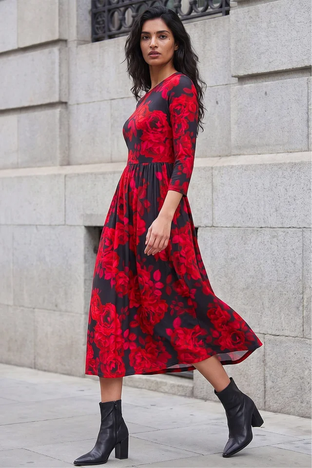 Roman Red Rose Print Gathered Stretch Midi Dress