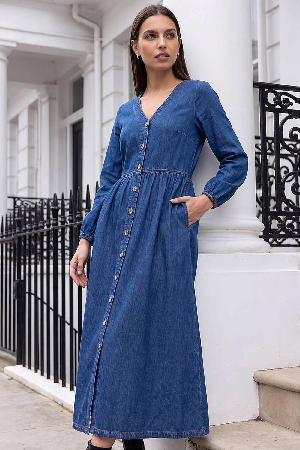 Roman Blue Denim Button Through Midi Dress - 10 Image 1