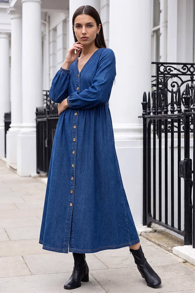 Roman Blue Denim Button Through Midi Dress