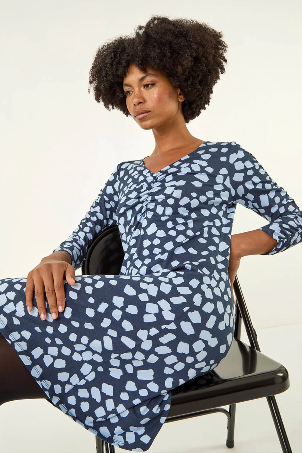 Roman Navy Geometric Gathered A-Line Dress - 16 Image 3