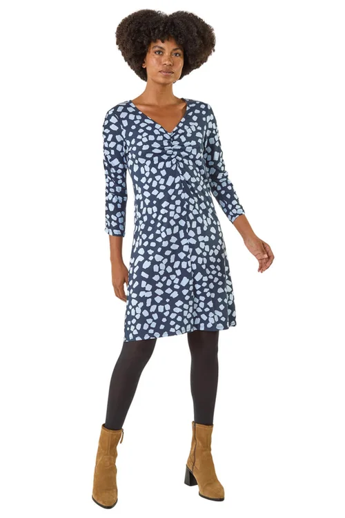 Roman Navy Geometric Gathered A-Line Dress - 16 Image 2