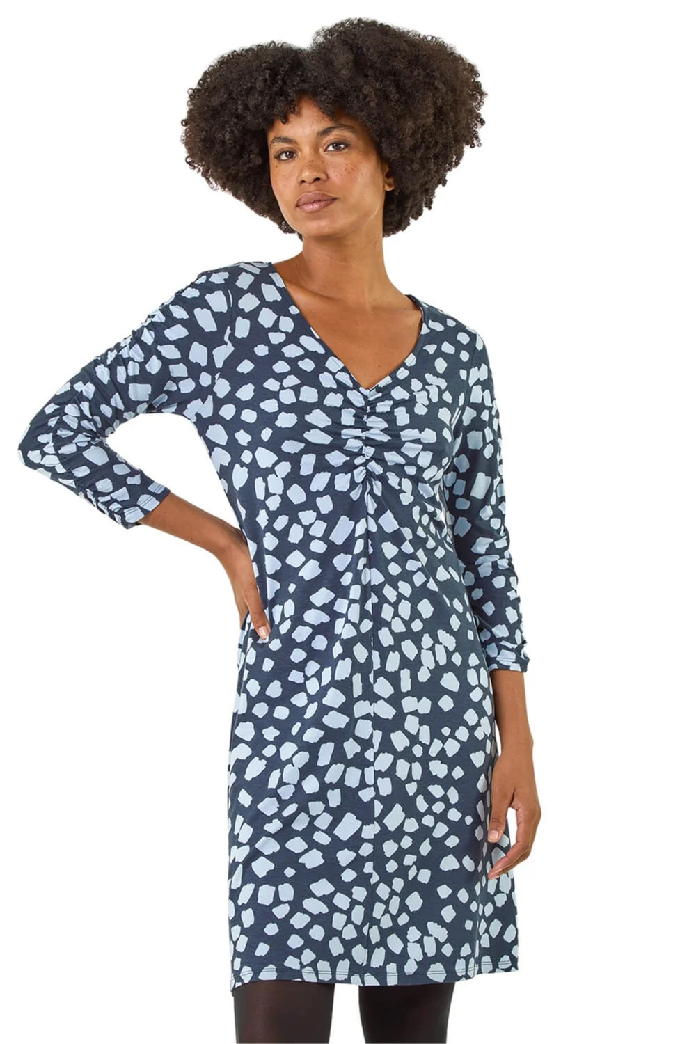 Roman Navy Geometric Gathered A-Line Dress - 16 Image 1