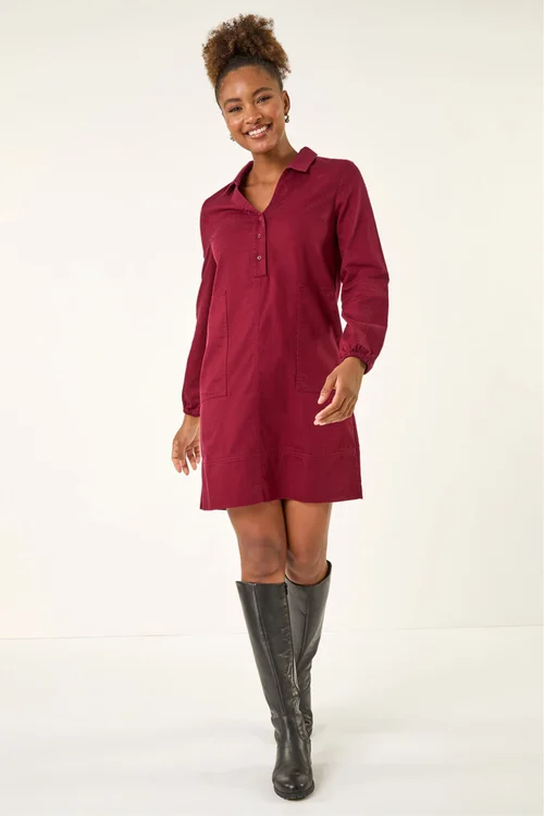 Roman Wine Collared Shift Shirt Dress - 12 Image 1