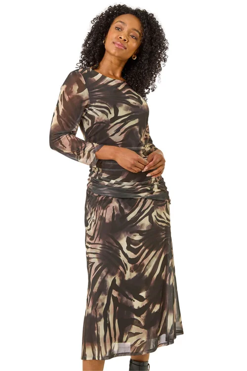 Roman Brown Petite Animal Print Mesh Ruched Midi Dress - 8 Image 1