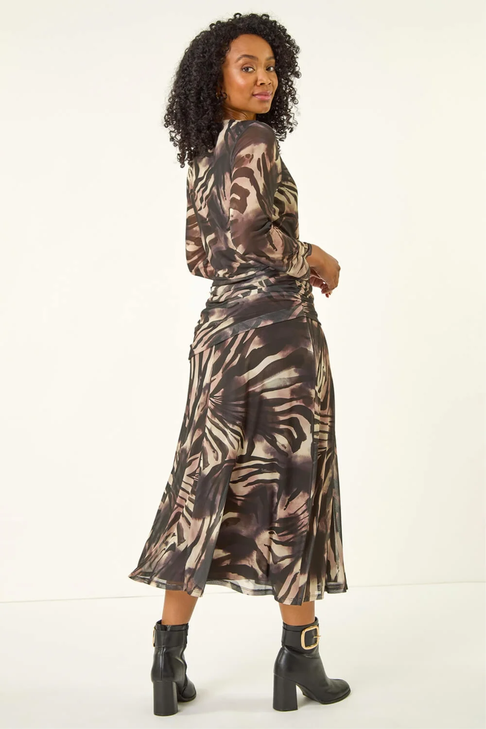 Roman Brown Petite Animal Print Mesh Ruched Midi Dress - 8 Image 3