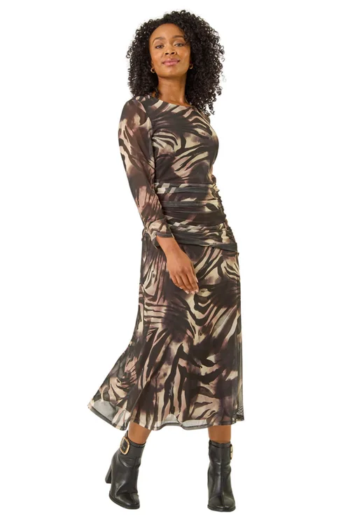 Roman Brown Petite Animal Print Mesh Ruched Midi Dress - 8 Image 2