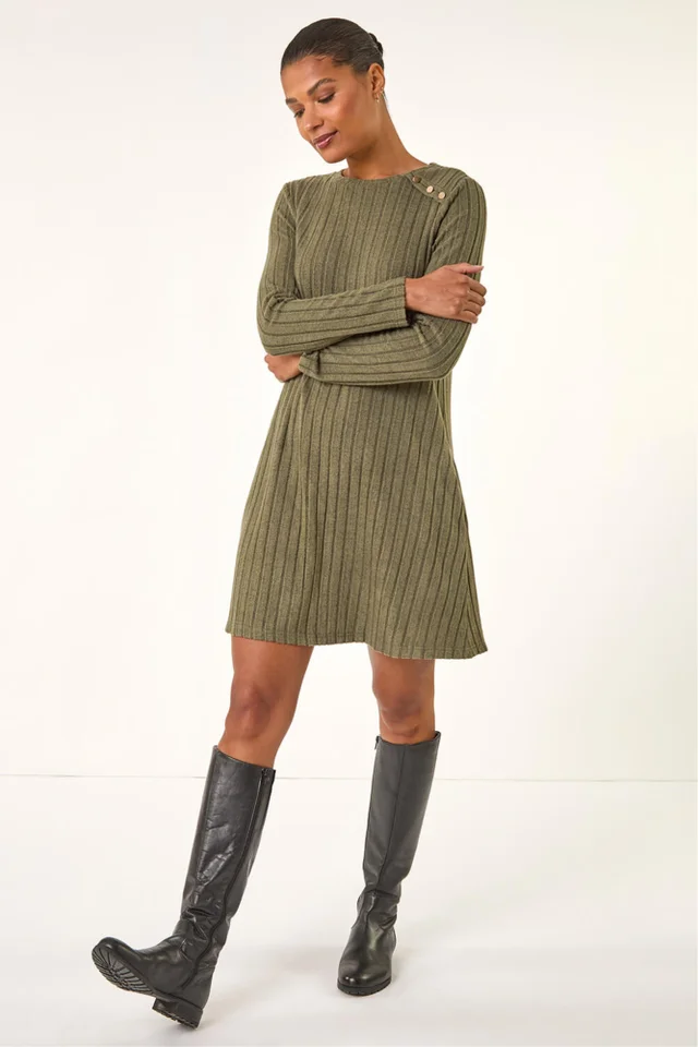 Roman Khaki Textured Ribbed Swing Dress