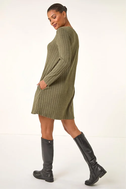 Roman Khaki Textured Ribbed Swing Dress - 20 Image 3