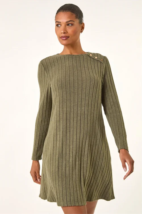Roman Khaki Textured Ribbed Swing Dress - 20 Image 1