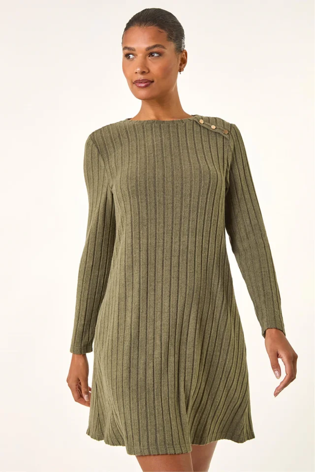 Roman Khaki Textured Ribbed Swing Dress