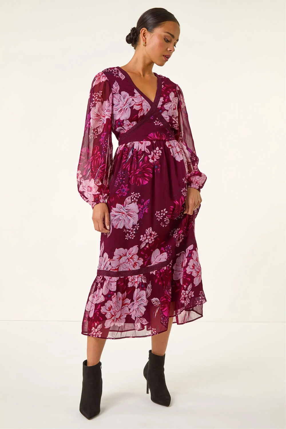 Roman Wine Petite Floral Print Trim Midi Dress - 8 Image 1