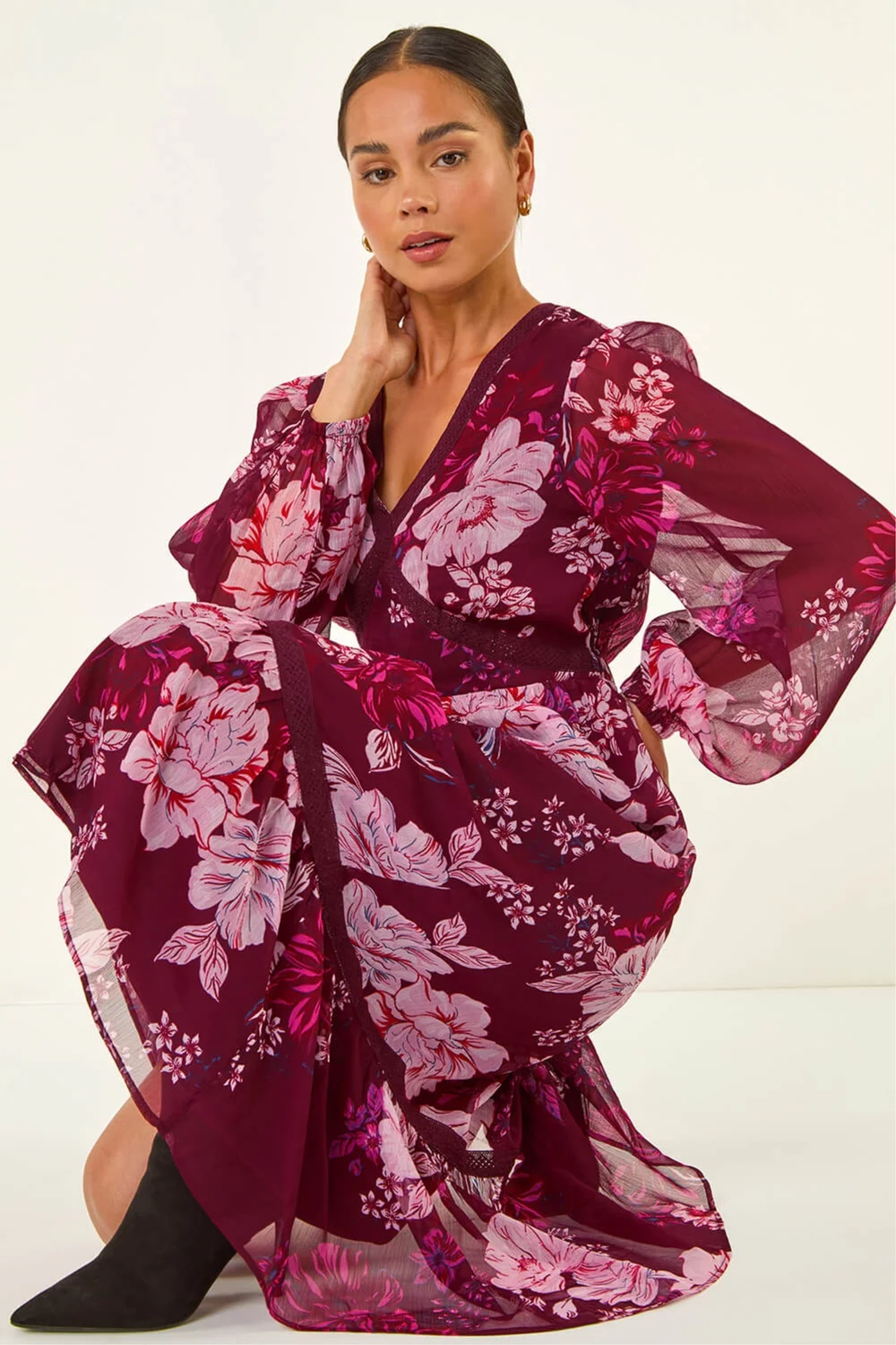 Roman Wine Petite Floral Print Trim Midi Dress - 8 Image 2