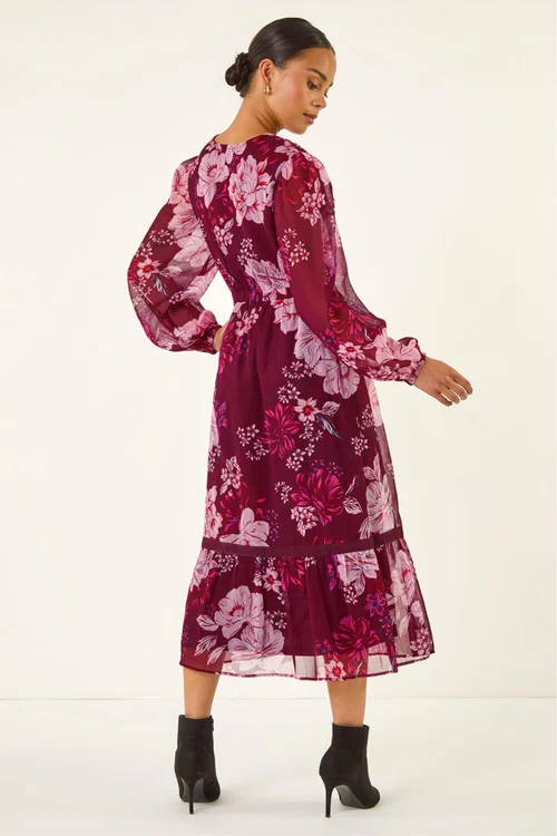 Roman Wine Petite Floral Print Trim Midi Dress - 8 Image 3