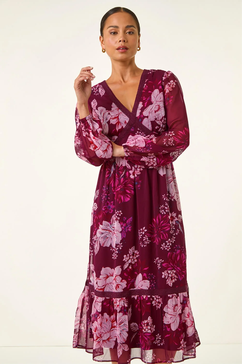 Roman Wine Petite Floral Print Trim Midi Dress - 8 Image 4