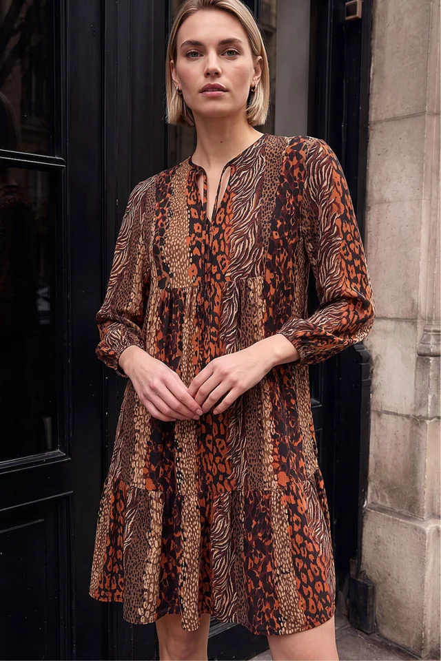 Roman Tan Abstract Print Smock Stretch Dress