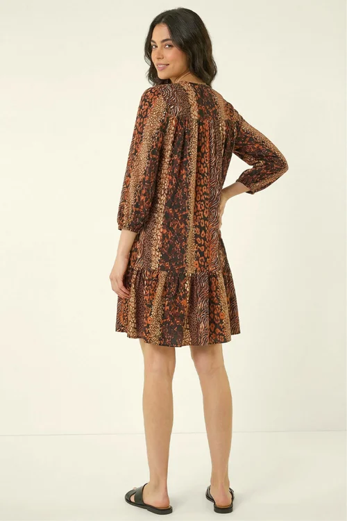 Roman Tan Abstract Print Smock Stretch Dress - 12 Image 4
