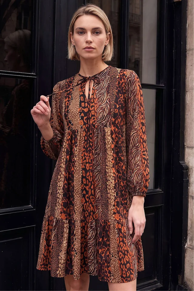 Roman Tan Abstract Print Smock Stretch Dress