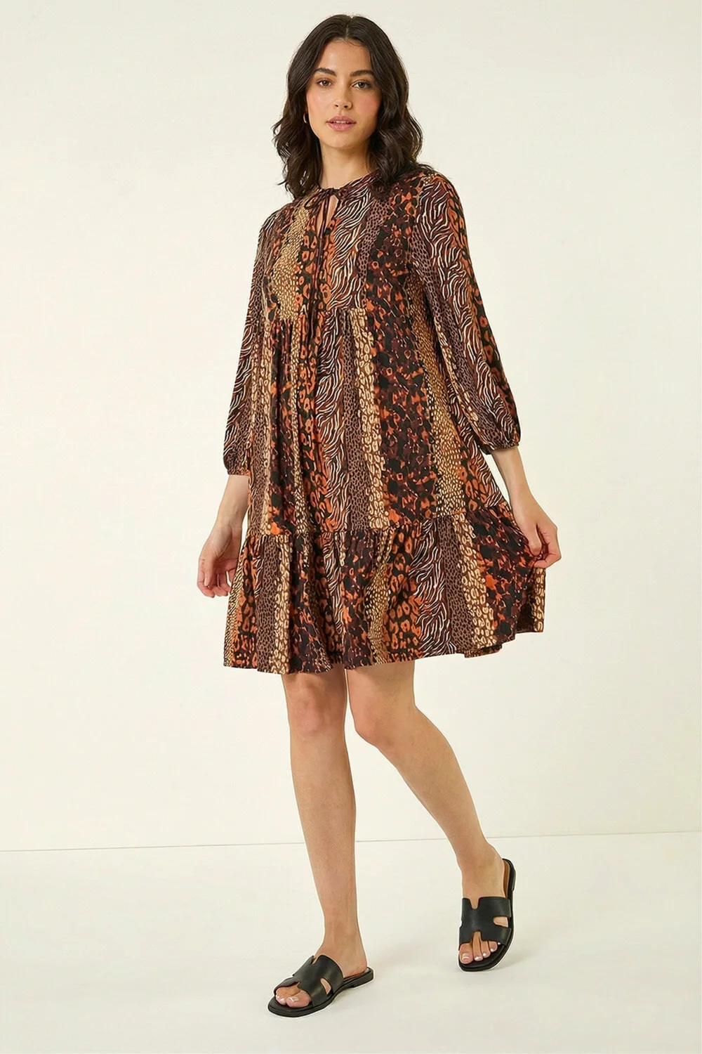 Roman Tan Abstract Print Smock Stretch Dress - 12 Image 2