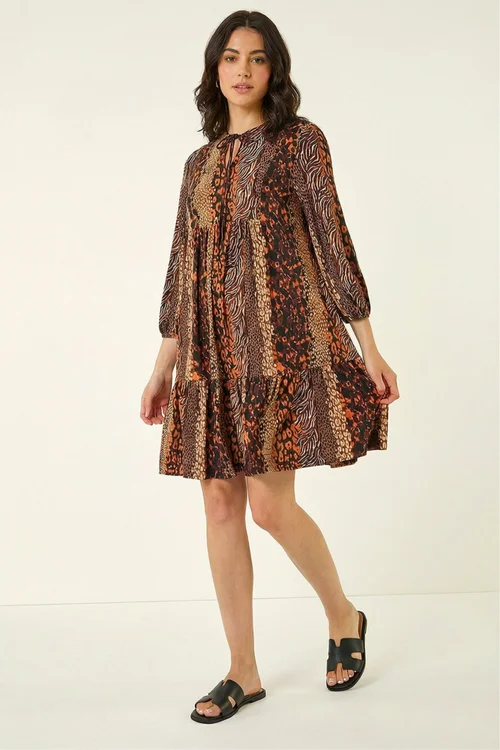 Roman Tan Abstract Print Smock Stretch Dress - 12 Image 2