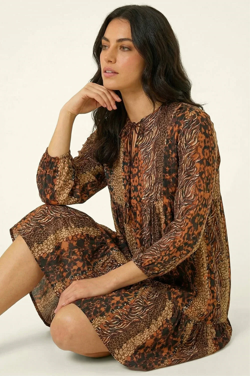 Roman Tan Abstract Print Smock Stretch Dress - 12 Image 3