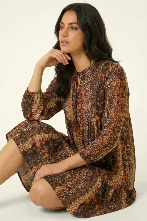 Roman Tan Abstract Print Smock Stretch Dress - 12 Image 3