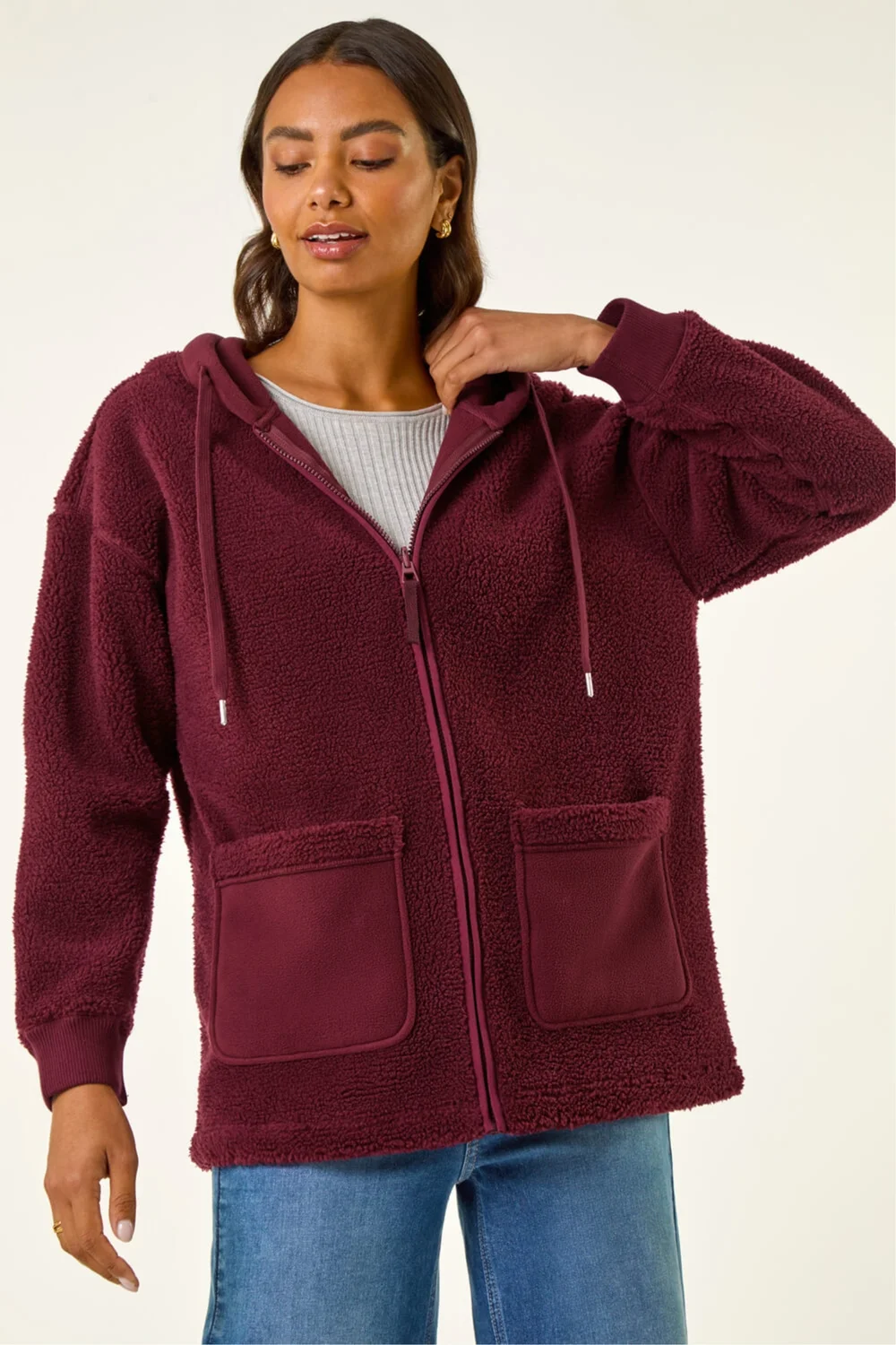 Roman Burgundy Hooded Borg Zip Through Jacket - 14 Image 4