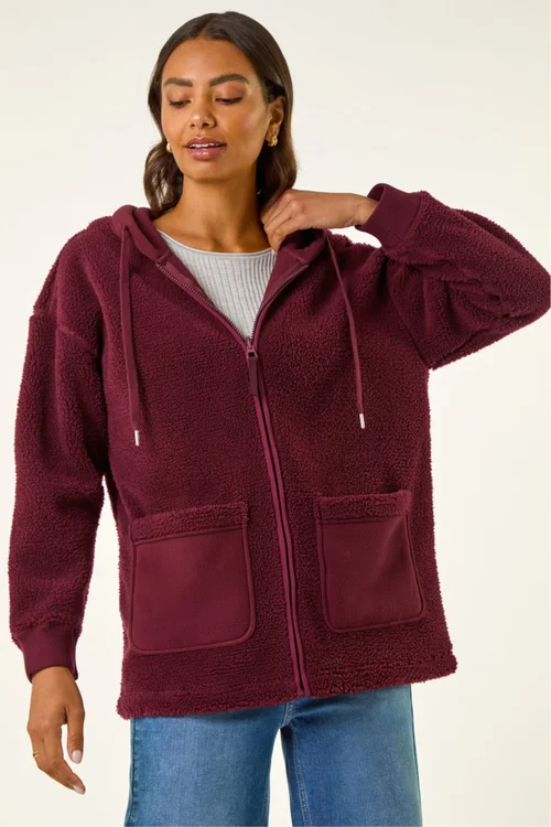 Roman Burgundy Hooded Borg Zip Through Jacket - 14 Image 4