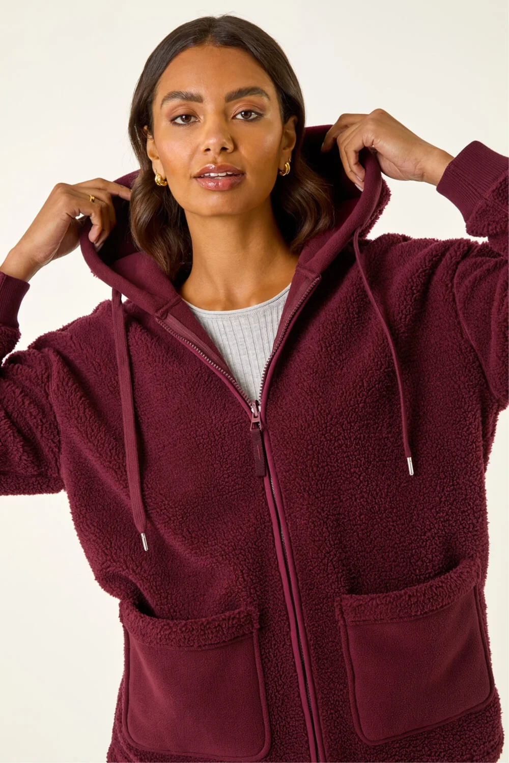 Roman Burgundy Hooded Borg Zip Through Jacket - 14 Image 1