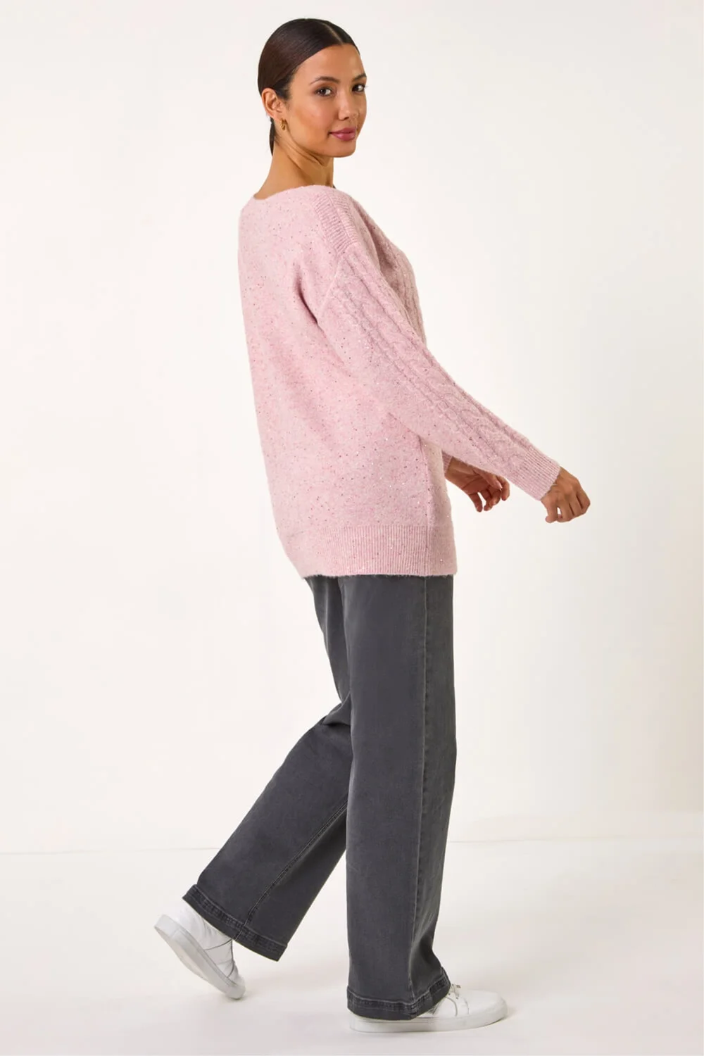 Roman Light Pink Sequin Cable Knit Jumper - 16 Image 4