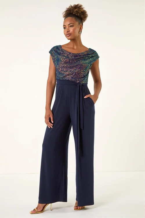 Roman Navy Sequin Bodice Cowl Neck Jumpsuit - 12 Image 1