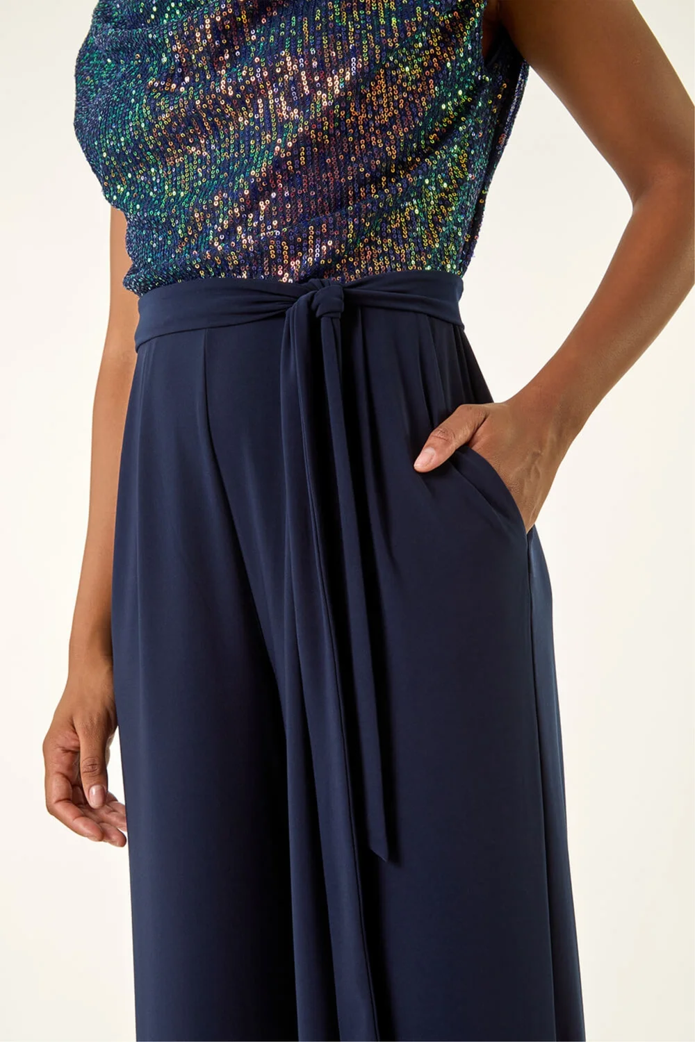 Roman Navy Sequin Bodice Cowl Neck Jumpsuit - 12 Image 3