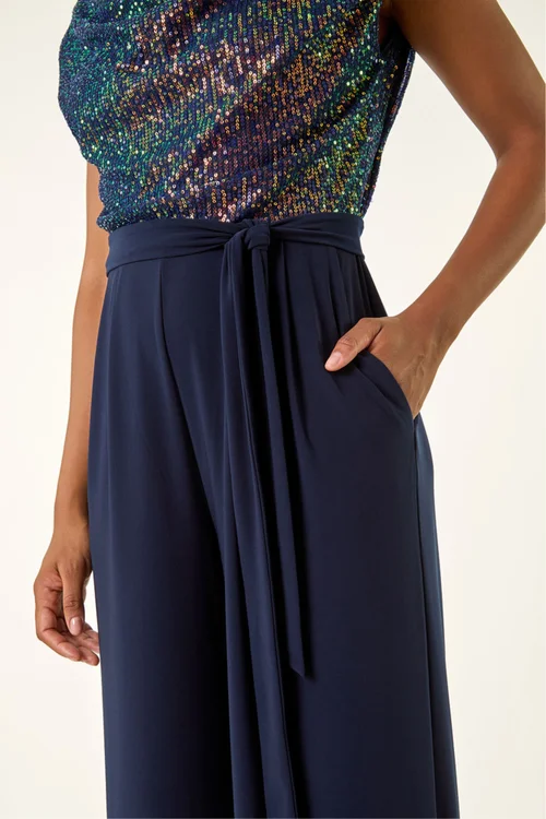 Roman Navy Sequin Bodice Cowl Neck Jumpsuit - 12 Image 3