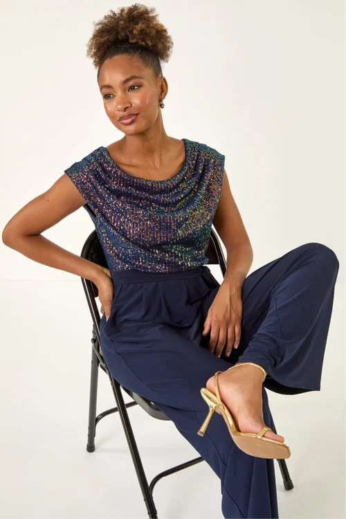 Roman Navy Sequin Bodice Cowl Neck Jumpsuit - 12 Image 4