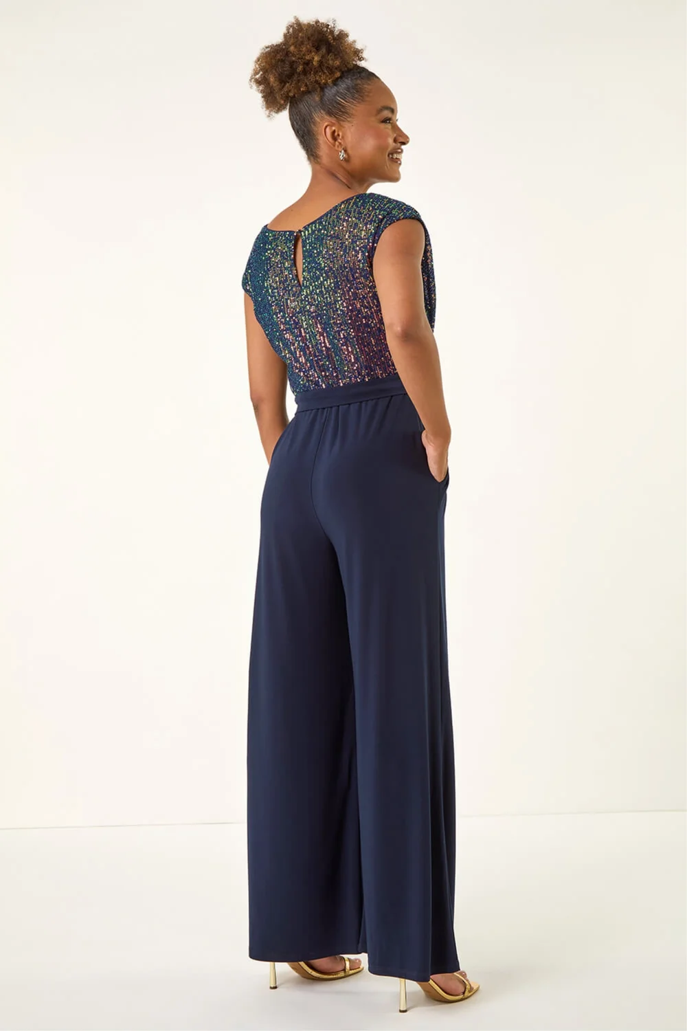 Roman Navy Sequin Bodice Cowl Neck Jumpsuit - 12 Image 2