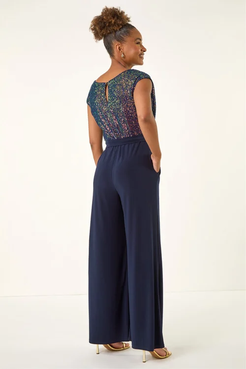 Roman Navy Sequin Bodice Cowl Neck Jumpsuit - 12 Image 2