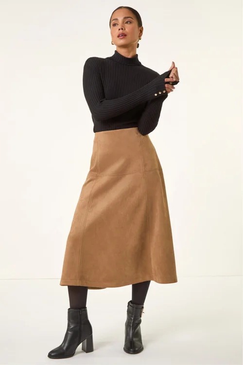 Roman Tan Petite Suede A-Line Skirt - Size 10 Image 3