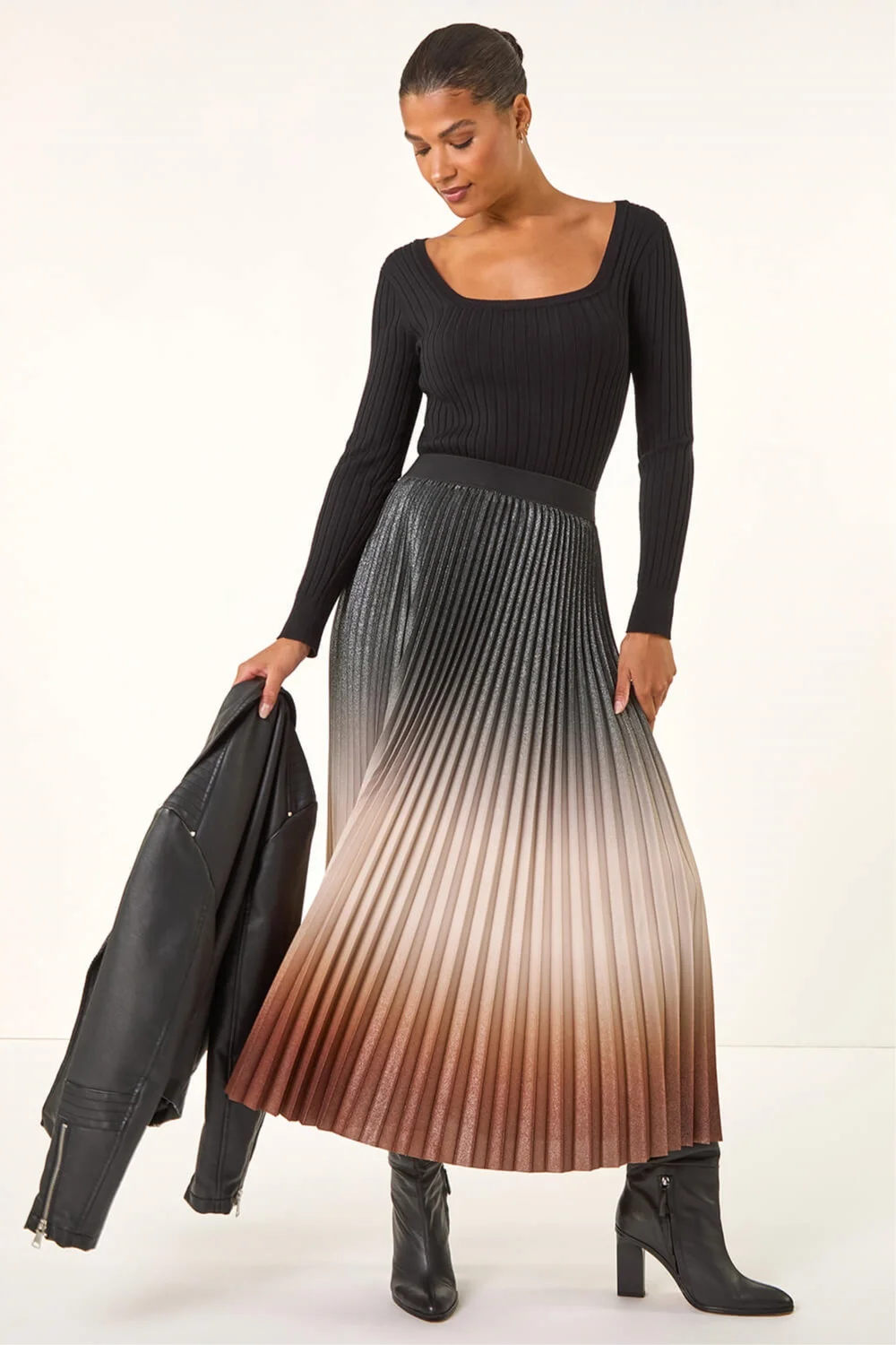 Roman Mocha Ombre Pleated Stretch Skirt - Size 10 Image 3