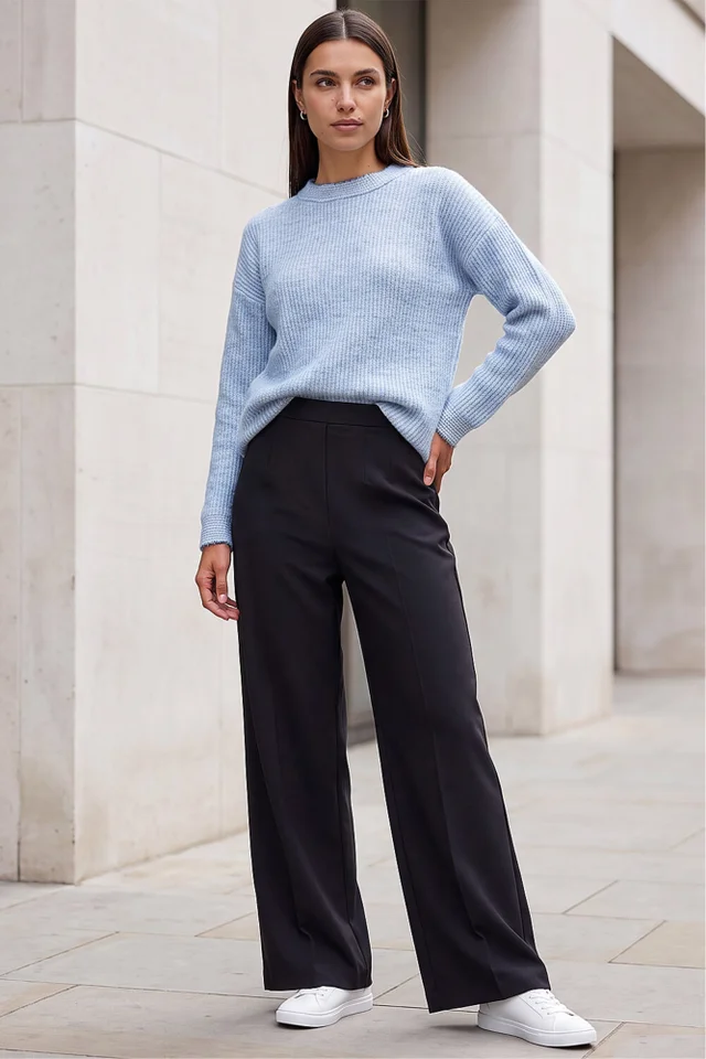 Roman Black Wide Leg Ponte Stretch Trouser
