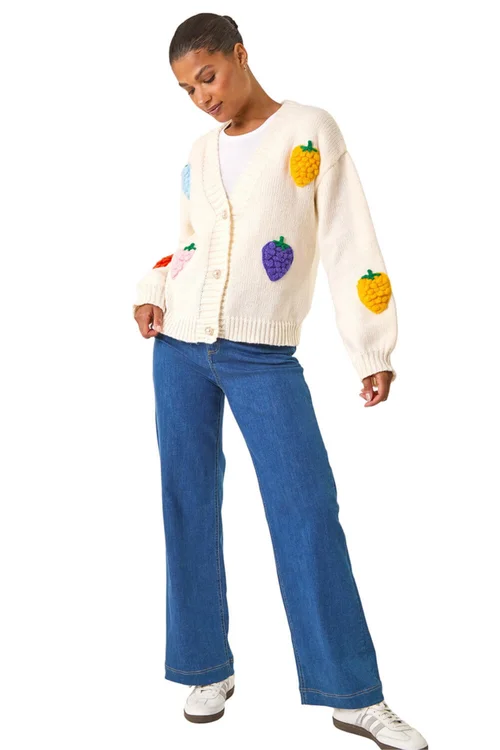 Roman Ivory Fruit Embroidered Knit Cardigan - L Image 2