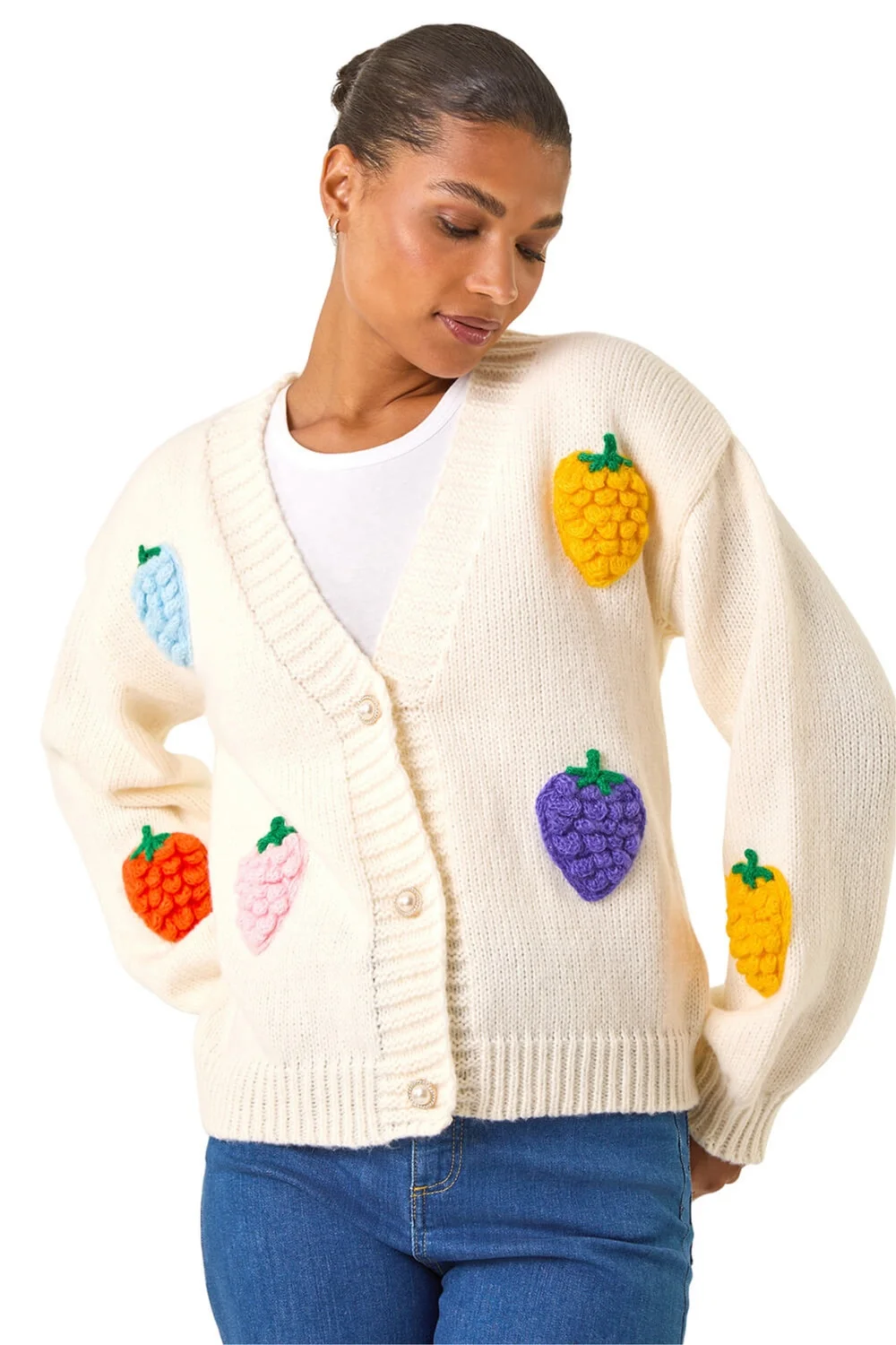 Roman Ivory Fruit Embroidered Knit Cardigan - L Image 1