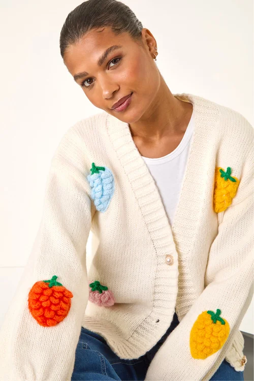Roman Ivory Fruit Embroidered Knit Cardigan - L Image 3