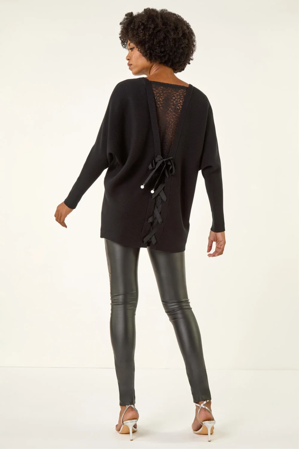 Roman Black V-Neck Lace Back Knit Jumper - One Size Image 4