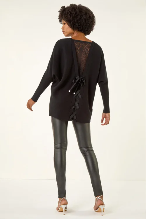 Roman Black V-Neck Lace Back Knit Jumper - One Size Image 4