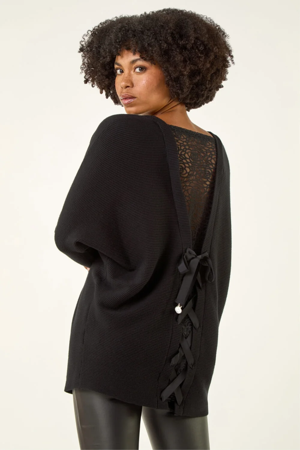 Roman Black V-Neck Lace Back Knit Jumper - One Size Image 2