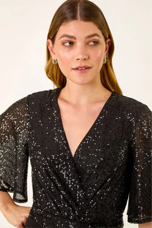 Roman Black Sequin Flutter Sleeve Stretch Jumpsuit - 16 Image 4