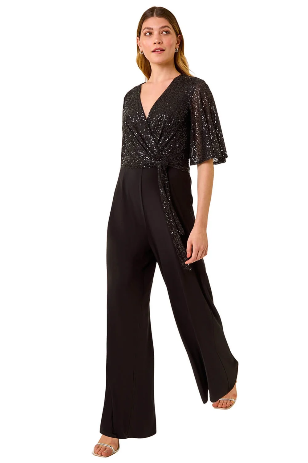 Roman Black Sequin Flutter Sleeve Stretch Jumpsuit - 16 Image 2