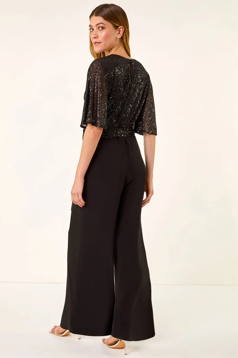 Roman Black Sequin Flutter Sleeve Stretch Jumpsuit - 16 Image 3