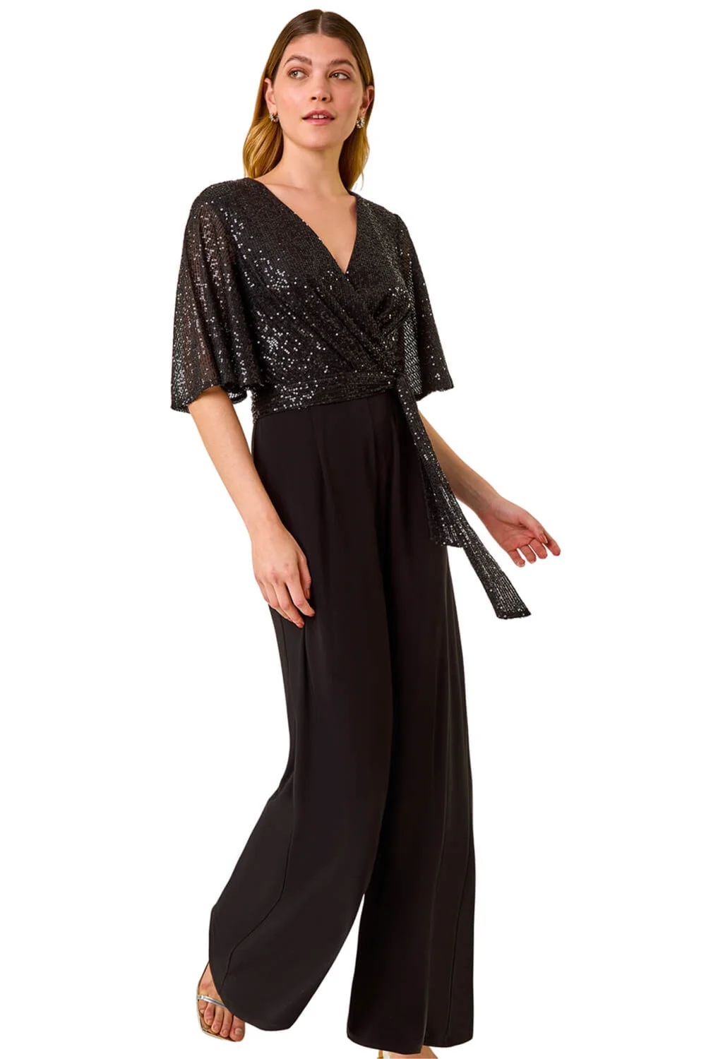 Roman Black Sequin Flutter Sleeve Stretch Jumpsuit - 16 Image 1
