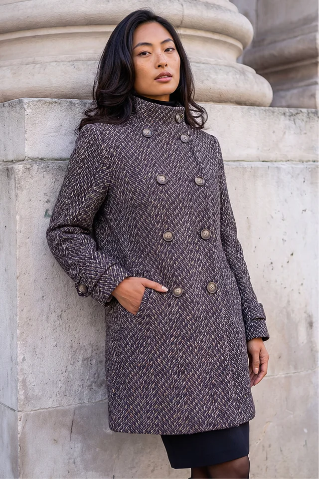 Roman Black Petite Double Breast Funnel Neck Coat