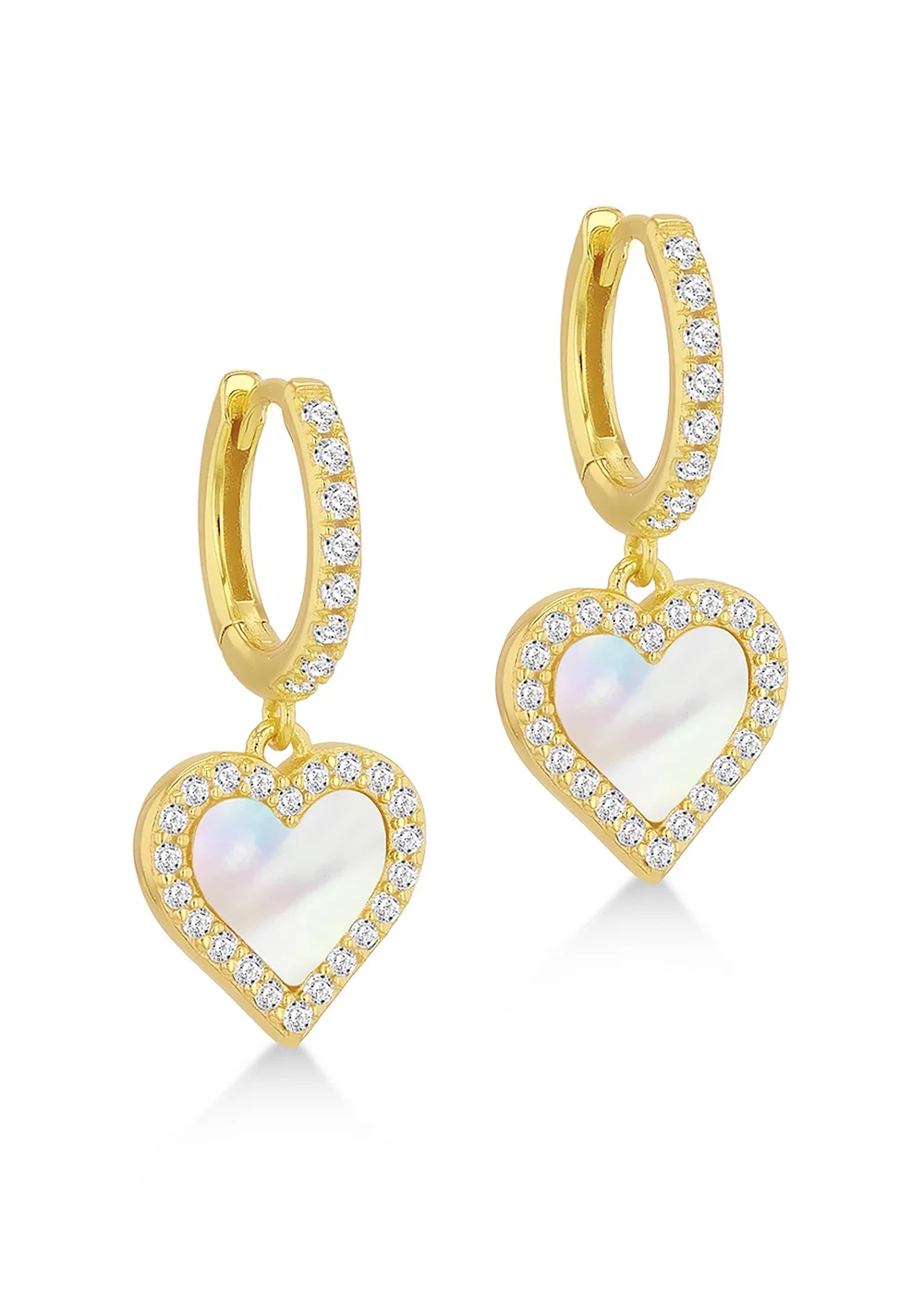 Golden Moments Sterling Silver Yellow Gold Plated Mother of Pearl & CZ Heart Hoop Drop Earring - One Size Image 1